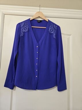 bebe Royal Blue Lace-Shoulder Button Down Blouse